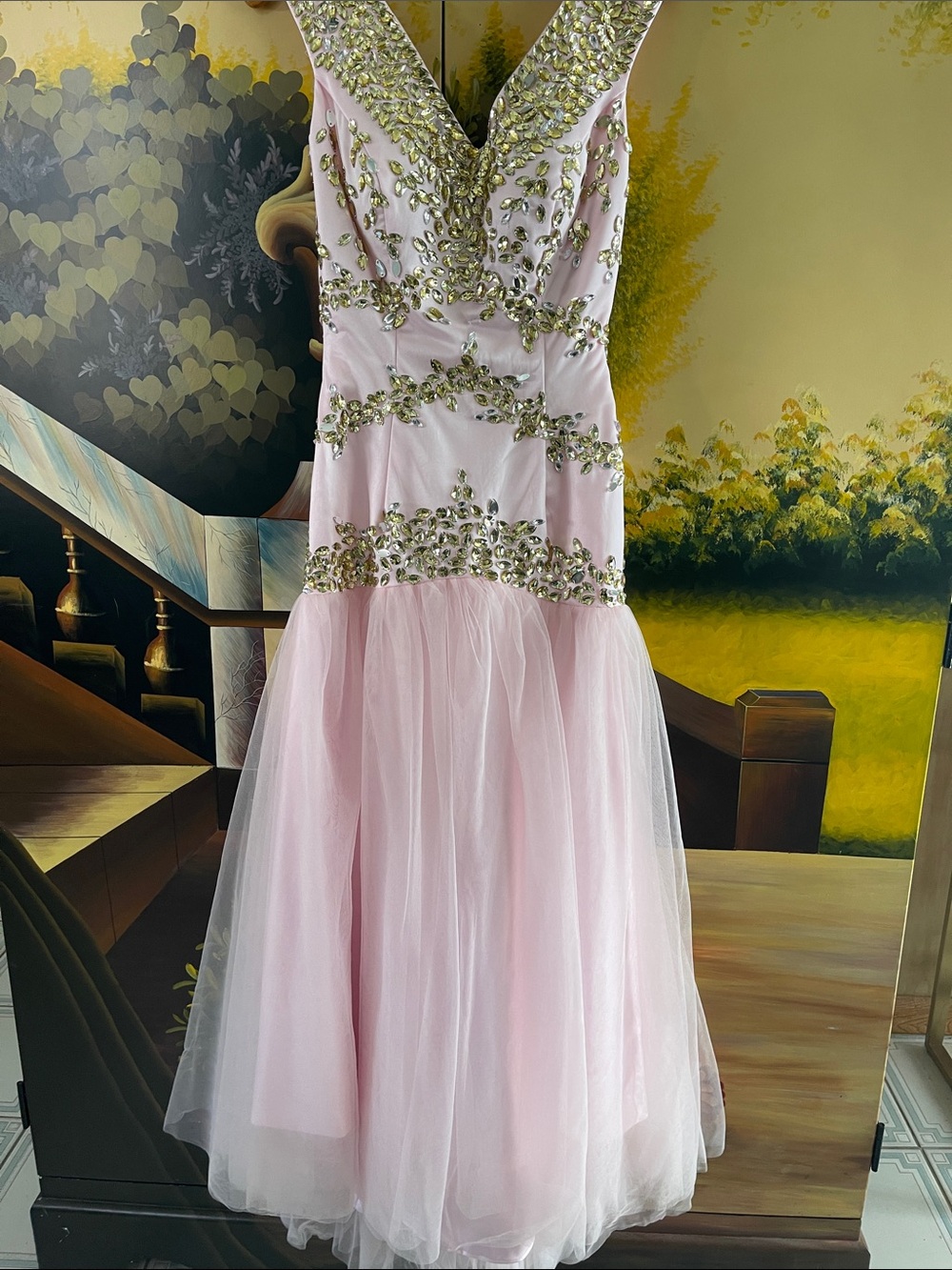 Light Pink Embellished V-Neck Prom Dress or Pageant gown hand made